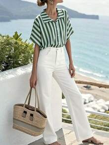 Minimalana Plus Size Women Spring/Summer Fashion Minimalist Commuter Colorblock Striped Casual Cardigan Shirt - Green - View 5