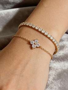 1 件/套简约钻石镶嵌花朵手链套装，精致锆石小众时尚百搭手链配饰 - 手鍊 - 查看 1