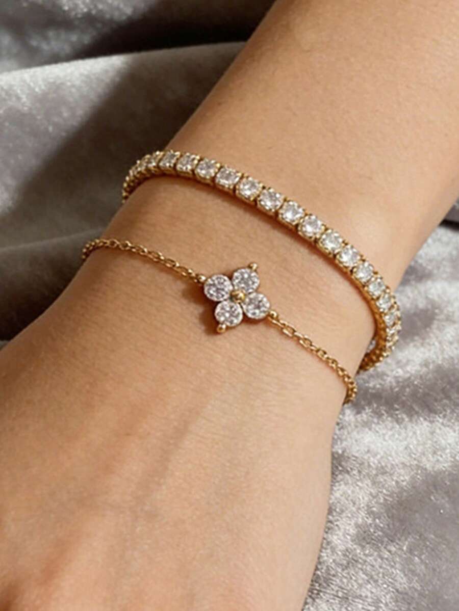 1 件/套简约钻石镶嵌花朵手链套装，精致锆石小众时尚百搭手链配饰 - 手鍊 - 查看 1