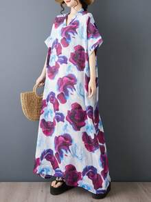 AZAH 萬聖節優雅舞會女款夏季波希米亞沙灘洋裝 大尺碼 紫色花卉 A字版型 V領 短蝙蝠袖 長版梭織布料附口袋 - 彩色 - 查看 2