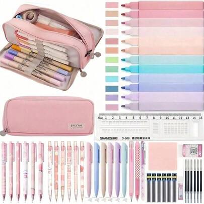 30pcs/50pcs Morandi Stationery Set, Large-Capacity Pencil Case, 6PCS Black Gel Pen, 6PCS Morandi 0.5mm Colored Pen, 12PCS Gradient Highlighter Pen, Cute Pens And Pencil Cases,Sticky Notes, Eraser Ruler Set, Cute Office School Supplies, Men's And Women's Gifts, Back-To-School Season School Supplies,Office Supplies,School Supplie,Art Supplies,Pen,Art Supplies,Pencil Pouch,Stationery Supplies
