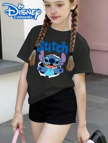 2pcs Tween Girl Disney Lilo & Stitch Ripped Creative Unisex Kids T-Shirt & Shorts Set, Cotton Breathable Summer Casual Versatile Short Sleeve Set, Children's Sporty Style Cartoon Print T-Shirt Set, Suitable For Daily Wear, Versatile And Not Stuffy, Ideal For Spring And Summer Wear, Vacations, Outdoor Activities, Amusement Park Outfits, And Can Also Be Used As Children's Gifts. - 黑色 - 查看 2