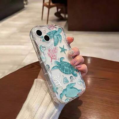 Compatible With IPhone 17/17 Pro/17 Pro Max/16/15/14/13/12/11 Series, 1pc Cream Border & Mint Green Turtle Print Shockproof Phone Case, Fashionable Phone Protective Cover For IPhone 17 Pro Max