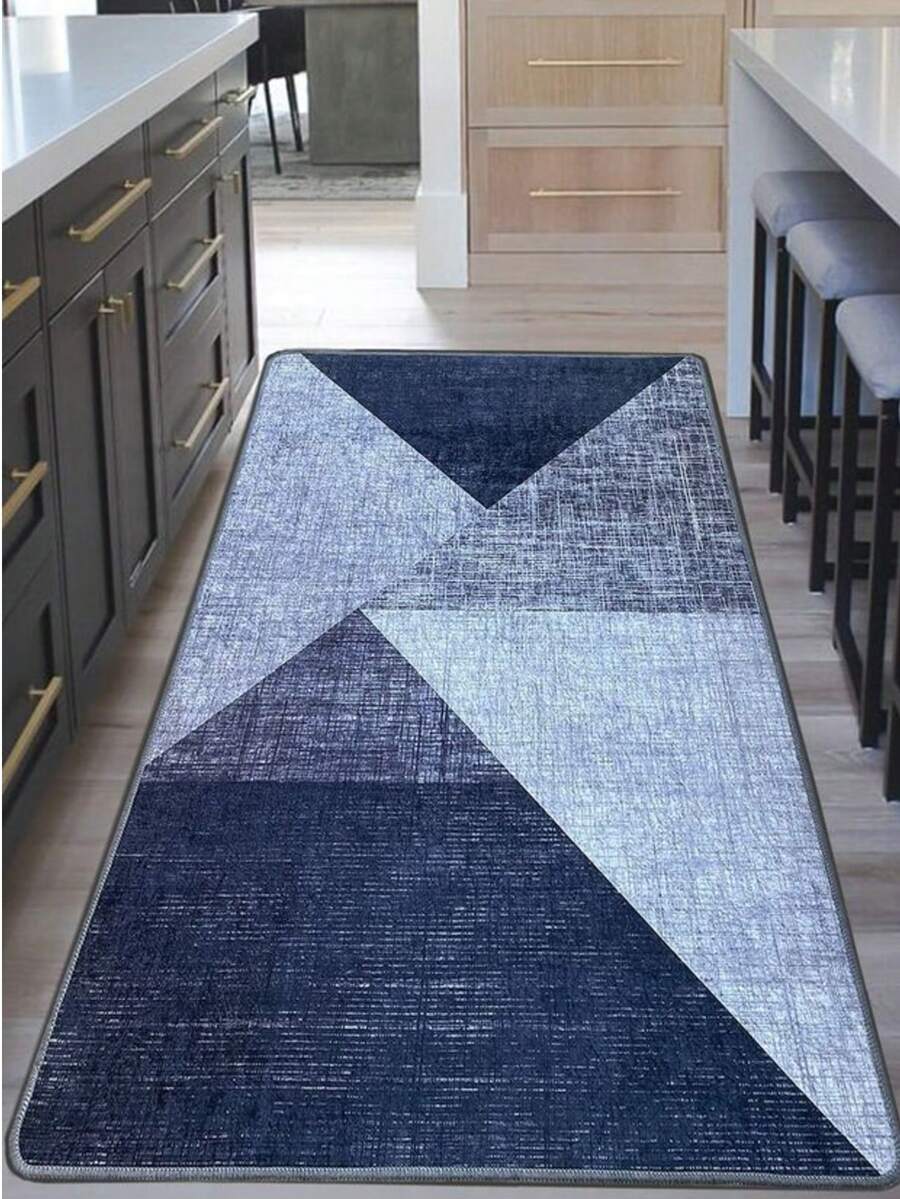 Modern Geometric Pattern Washable Area Rug - Distressed Monochrome Abstract Print Carpet for Living Room, Bedroom & Home Decor 80x200 cm, 80x300 cm,100x200 cm, 120x180 cm - 寶藍色 - View 1