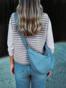 1pc Striped Casual, Holiday, Date Night Fuzzy Vest Jacket, Suitable For Autumn/Winter, Magenta - Grey - View 2