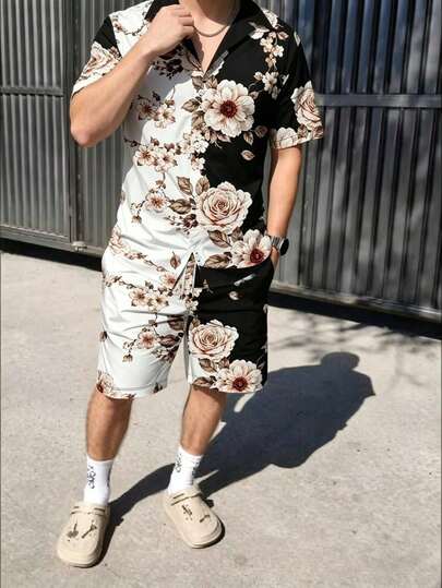 男士度假风印花短袖衬衫短裤套装