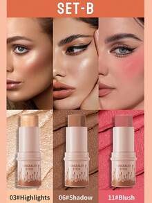 HelloKiss Bộ 3 thỏi trang điểm: kem highlight lấp lánh, má hồng kem, thỏi tạo khối lì, tạo hình khuôn mặt mượt mà, chống nước, chống mồ hôi, lâu trôi, hiệu ứng căng bóng tự nhiên, dễ tán, thoáng da, dùng hàng ngày, du lịch, quà tặng ngày lễ cho nữ - Nhiều màu - Xem 5