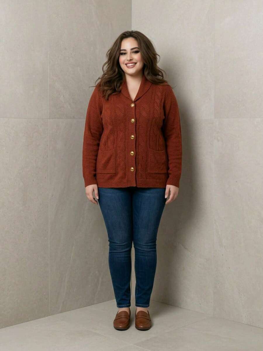 Women's Plus Size Mousse Coat With Buttons, Long Sleeves, Winter Clothing. - 亮橙色 - 查看 1