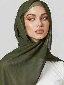 2件套女士围巾头巾帽子套装，多功能基础帽套装，中东斋月配套长袍，弹性基础帽雪纺围巾帽子组合休闲套装 - 軍綠色 - 查看 2