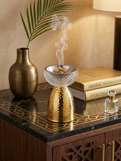 Elegant Crystal And Metal Incense Burner, Luxury Bakhoor Burner, Tradtional Incense Burner, Heat-Resistant Incense Burner, Paired With A Wood Grain Texture, Elegant Bakhoor Burner Exquisite Craftsmanship Elegant Aromatherapy Diffuser For Home Decor