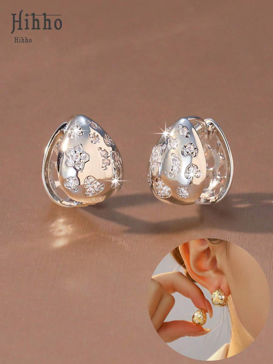 Hihho 1 par de pendientes elegantes franceses con corazón de circonita cúbica, pendientes con forma de lágrima arqueada fusionados con estrella, diseños de rhinestone en forma de corazón, versátiles para uso diario, citas, fiestas, regalo - Lágrima - Ver 1
