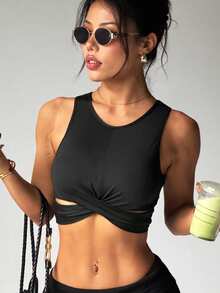 Women's Solid Color Removable Padded Round Neck Backless Sports Knit Bra - Black - View 3