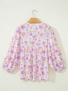 Acelitt Autumn Pink Floral Print Tassel Tie V-Neck Petal Sleeve Crop Top - Mauve Purple - View 4