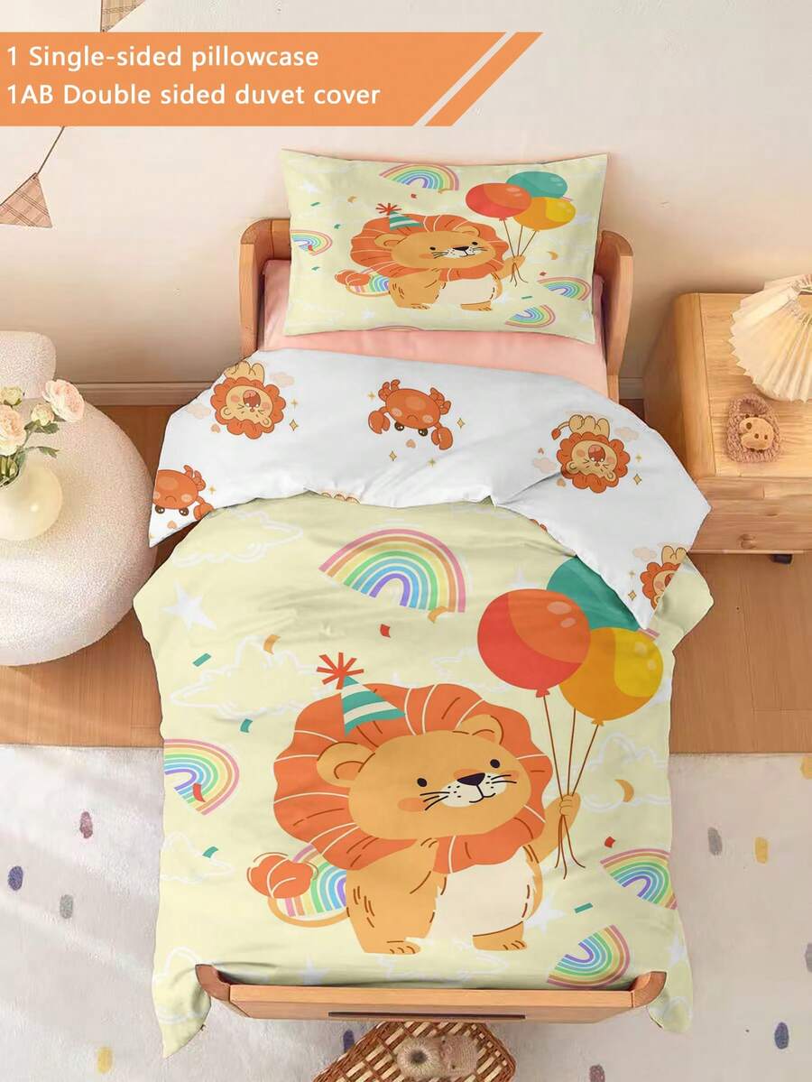 2 PIEZAS Juego de ropa de cama para niños pequeños, Juego de funda nórdica con diseño de león lindo para cumpleaños, lavable a máquina, para cuna de bebé, regalo para fiestas, (sin relleno), Funda de almohada de 40x60cm 1 cara y 1 funda de edredón de 1 cara, 100% poliéster - Multicolor - Ver 1