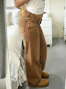MYOURSA Quần jeans ống rộng cạp thấp dáng suông, phong cách đường phố thường ngày thập niên 2000, màu nâu, thích hợp cho mùa thu xuân. - màu nâu - Xem 2