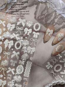 1 pieza Pegatinas de arte de uñas con estilo elegante y clásico de 5D Rhinestones, lazo Kawaii blanco con cinta, calcomanías autoadhesivas para decoración de uñas DIY - Blanco - Ver 5