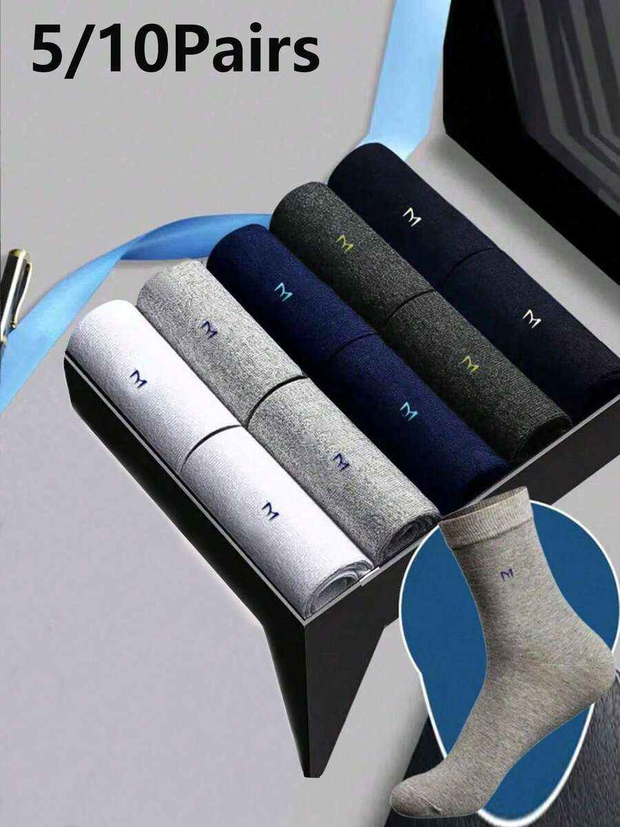 5/10 pares de calcetines casuales de negocios para hombres, de tela de algodón con mezcla antibacteriana, transpirables y que absorben la humedad, resistentes al olor, de media pantorrilla con diseño de letras - lavables a máquina, para otoño - Multicolor - Ver 1