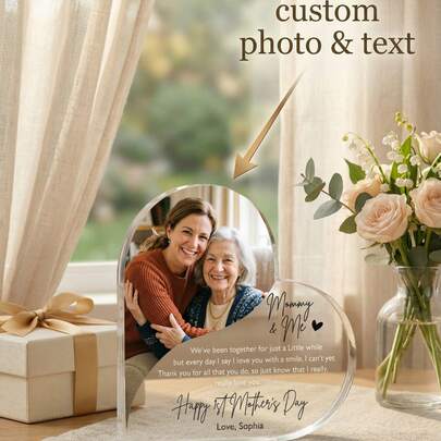 1pc Ustomizable Mommy & Me Heart Acrylic Plaque,Custom Photo And Text Heart Shaped Acrylic Plaque Personalized Mother's Day Mommy & Me Desk Decor,Mother's Day Keepsake Gift