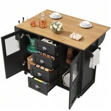 Kitchen Island, Kitchen Unit, Sideboard, 120x73(45)X93cm, Extendable Kitchen Trolley With Wheels, Towel Rack, Spice Rack, Adjustable Shelves, Two Doors, Four Drawers, White/Black - Black - View 1