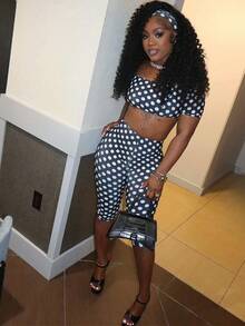 Women's Sexy Polka Dot Off Shoulder Crop Top & Bodycon Shorts Two Piece Set With Slight Stretch Fabric For Elegant Style - Black - View 2
