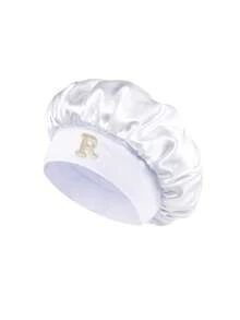 1顶定制A-Z字母缎面睡帽，可调节柔软弹力宽帽檐，透气防毛躁，丝滑保湿，可用于化妆、敷面膜、洗脸和涂抹面霜，保护头发免受损伤，适合自然卷发女性，礼品 - 白色 - 查看 6