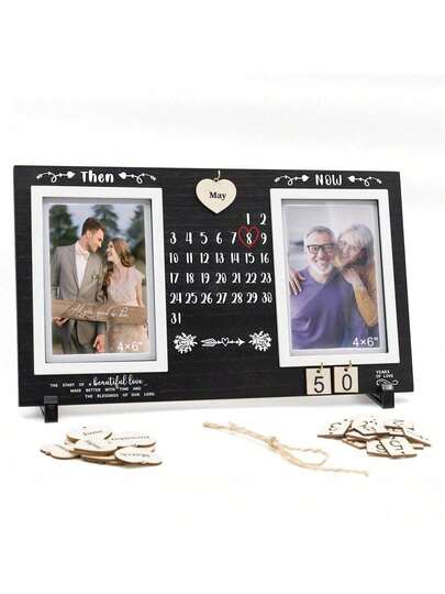 Khung ảnh kỷ niệm bằng gỗ tự làm, khung ảnh cưới, quà tặng ngày Valentine - Quà kỷ niệm quá khứ và hiện tại, kèm theo các tấm gỗ tháng và số có thể thay đổi, khung ảnh kỷ niệm ngày cưới kiểu cổ điển, vừa hai ảnh 4x6 inch.