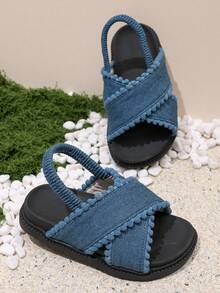 Kids' Denim Style Flat Sandals With Criss-Cross Strap And Colorful Ball Decor - Navy Blue - View 8