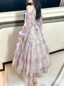 Đầm cocktail chiffon trễ vai thanh lịch dành cho nữ, kiểu dáng Hàn Quốc, họa tiết in, dáng chữ A, xếp ly, thích hợp cho sinh nhật, dạ hội, lễ hội hoặc đi biển. - Màu tím hoa cà - Xem 7