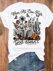 1 pieza de camiseta de verano para mujer - Camiseta cristiana para mujer - Versículo bíblico: "Donde caen las flores, Dios las hace resucitar" (Salmo 136:1) - Camiseta inspiradora beige con - Blanco - Ver 3