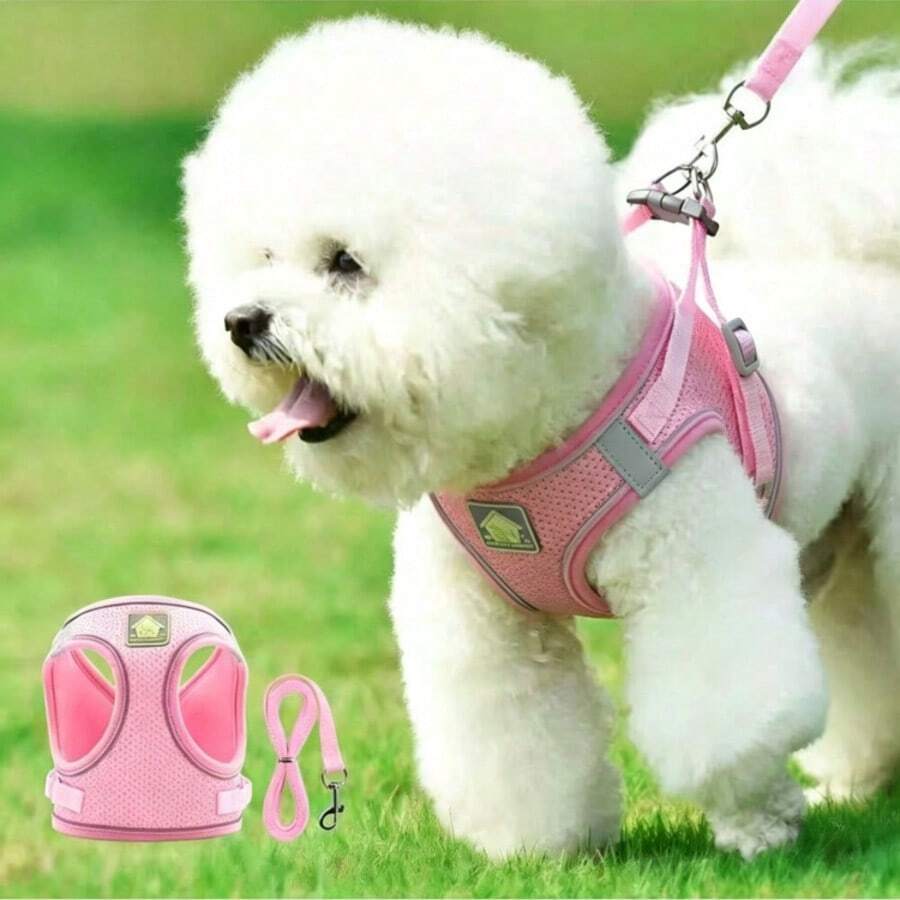 1 Set Arnés y Correa para Gato y Perro, Chaleco Arnés Reflectante Ajustable de Malla Transpirable para Mascotas Pequeñas/Medianas, Cómodo para Caminar al Aire Libre (El Tamaño Corre Grande, Se Recomienda Pedir Una Talla Menos) - Rosa - Ver 1