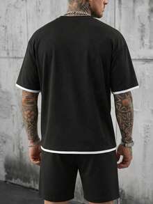 Ensemble 2 pièces FRACTYR pour hommes, t-shirt col rond avec bordure contrastée noir et blanc + short à cordon, tenue d'été sport-décontracté, respirante et confortable - Noir - Voir 3