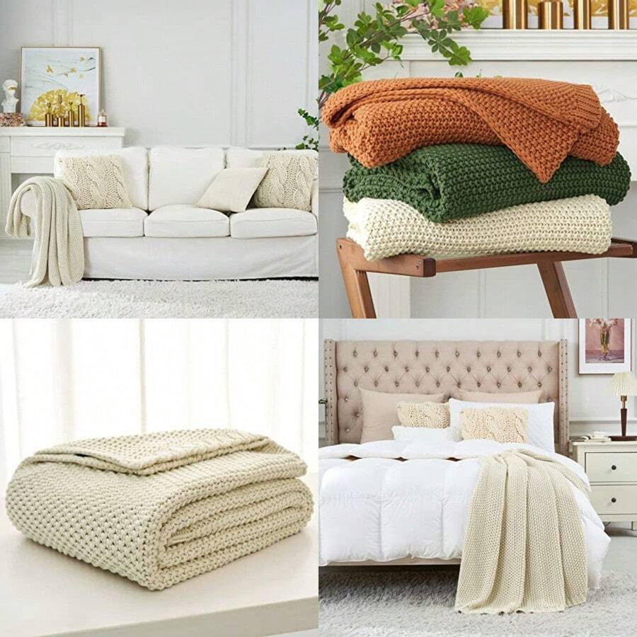 Longhui bedding - Cobija de punto trenzado grueso ligera 100 % algodón orgánico para sofá cama y guardería estilo rústico elegante y moderno 152.4 x 203.2 cm bolsa de lavado - Crema - Ver 1