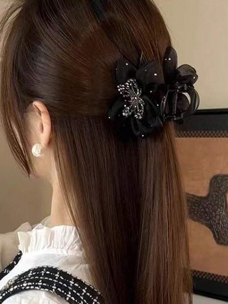 1 chiếc kẹp tóc hình bướm bằng lưới, thích hợp cho việc đi lại hàng ngày và cuộc sống thường nhật, kẹp tóc bằng nhựa 8cm. - màu đen - Xem 1