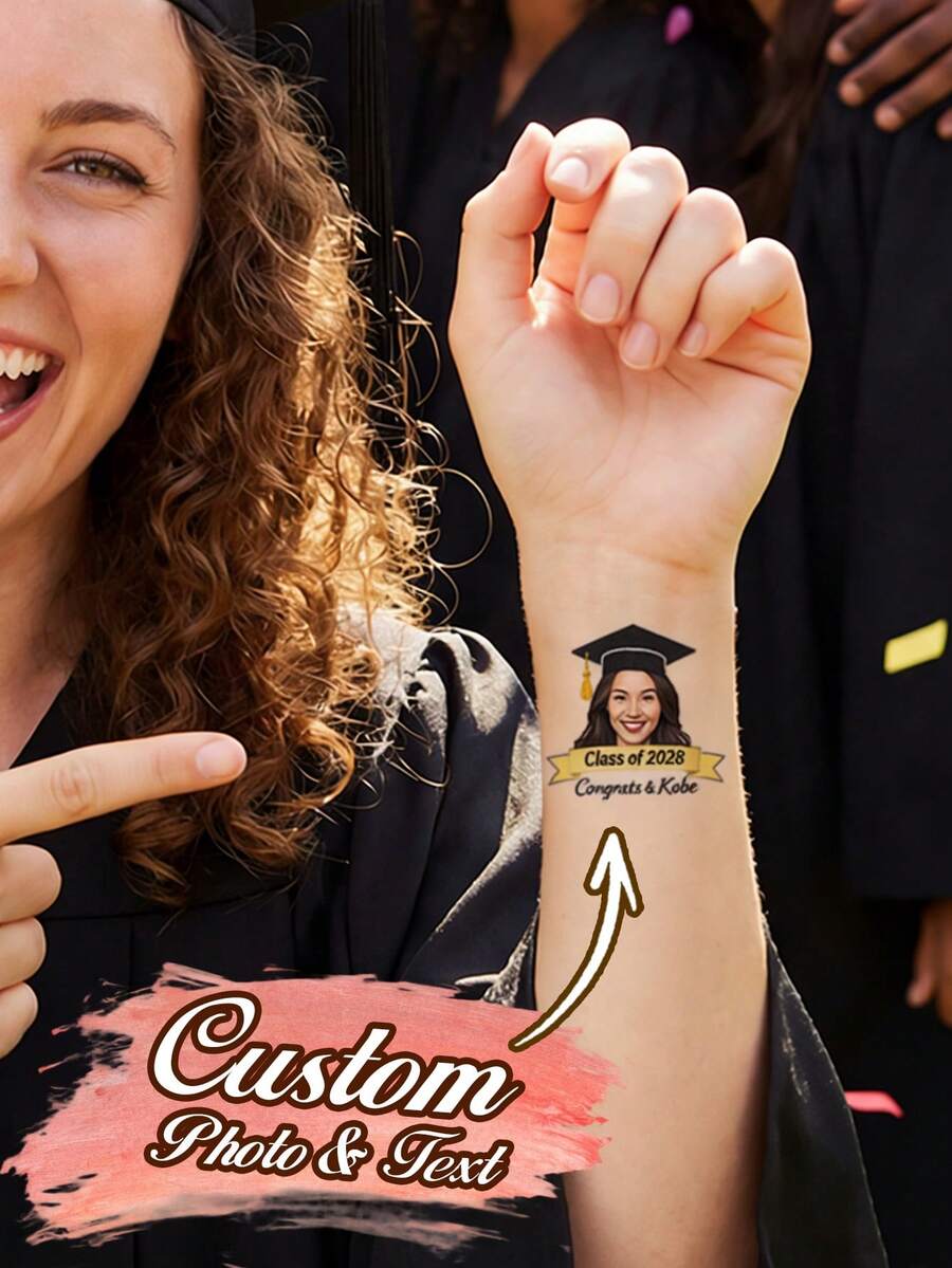 Custom Photo Temporary Tattoo Stickers Personalized Graduation Portrait Design, Celebration Style Body Decor For Graduation Party Ceremony, Customized Name Date Tattoo Decal Keepsake Gift, Customizable Favor For Friends Classmates Family Graduation Season - Multicolor - View 1
