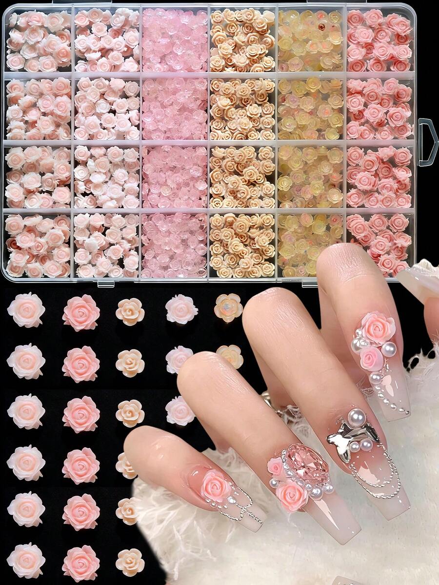 24Grids 混合粉色系列树脂山茶花/牡丹/玫瑰花朵美甲饰品 8-10mm 时尚纯冰透明粉色山茶花美甲装饰 DIY 春夏美甲饰品