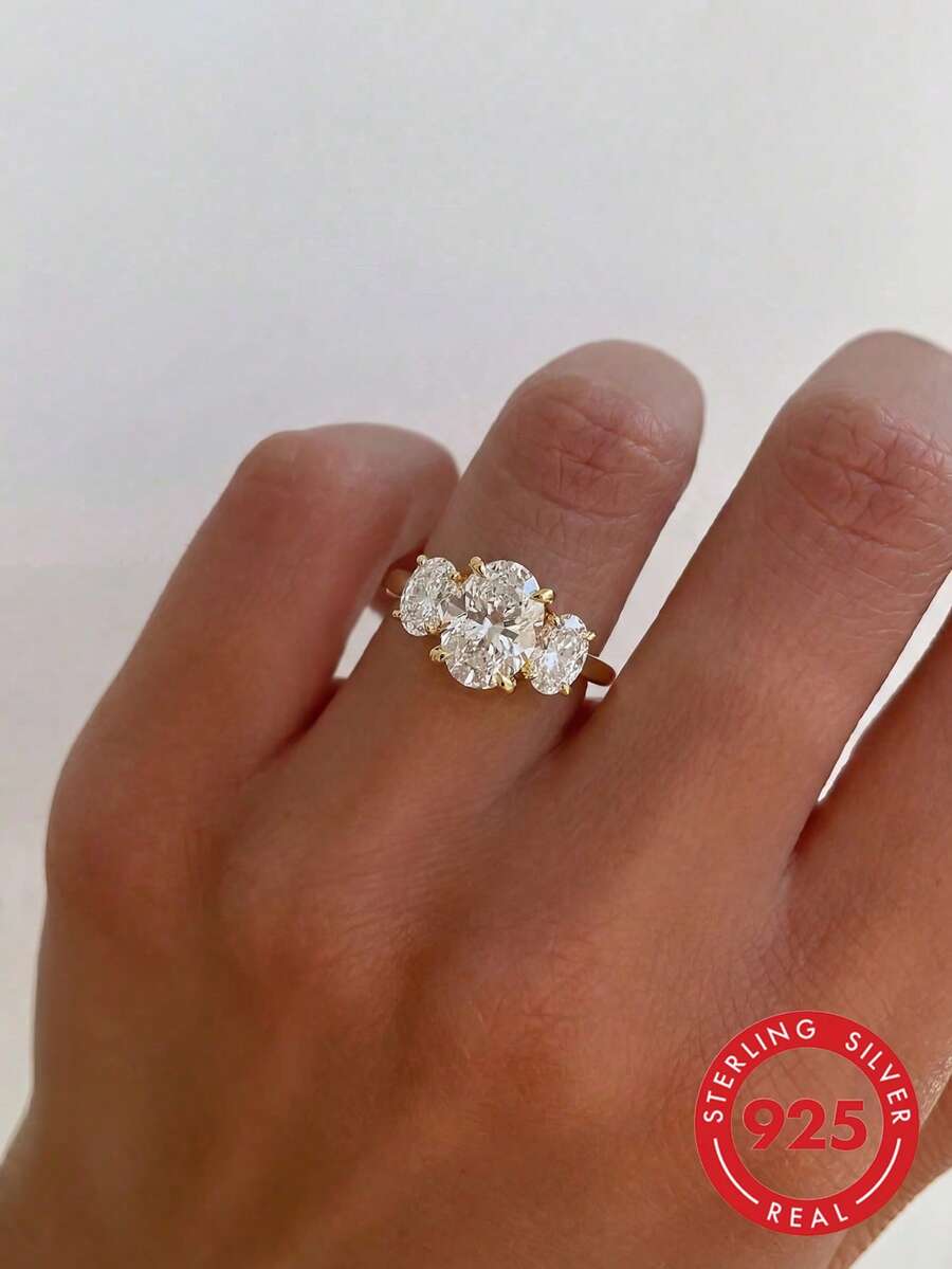 1 pièce Bague de fiançailles ovale, bijou de mariage exquis pour femme, bague en argent sterling 925 avec cubic zirconia cubique classique, bijou de mariée élégant, bague de promesse de fiançailles, cadeau d'anniversaire de mariage - ovale - Voir 1