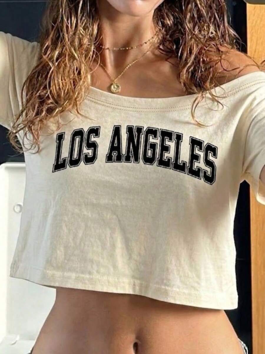 Crop top de mujer con hombros descubiertos, camiseta de manga corta con cuello redondo y estampado de moda, adecuada para festivales de música de verano - Albaricoque - Ver 1