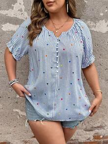 Blusa casual de talla grande con diseño de rayas y corazones, top versátil y suelto de moda para uso diario, vacaciones y verano - Azul y blanco - Ver 1