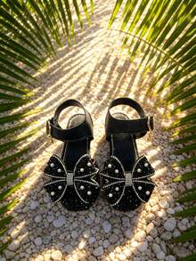 Children's Rhinestone Bow Decor Flat Sandals - Black - View 3