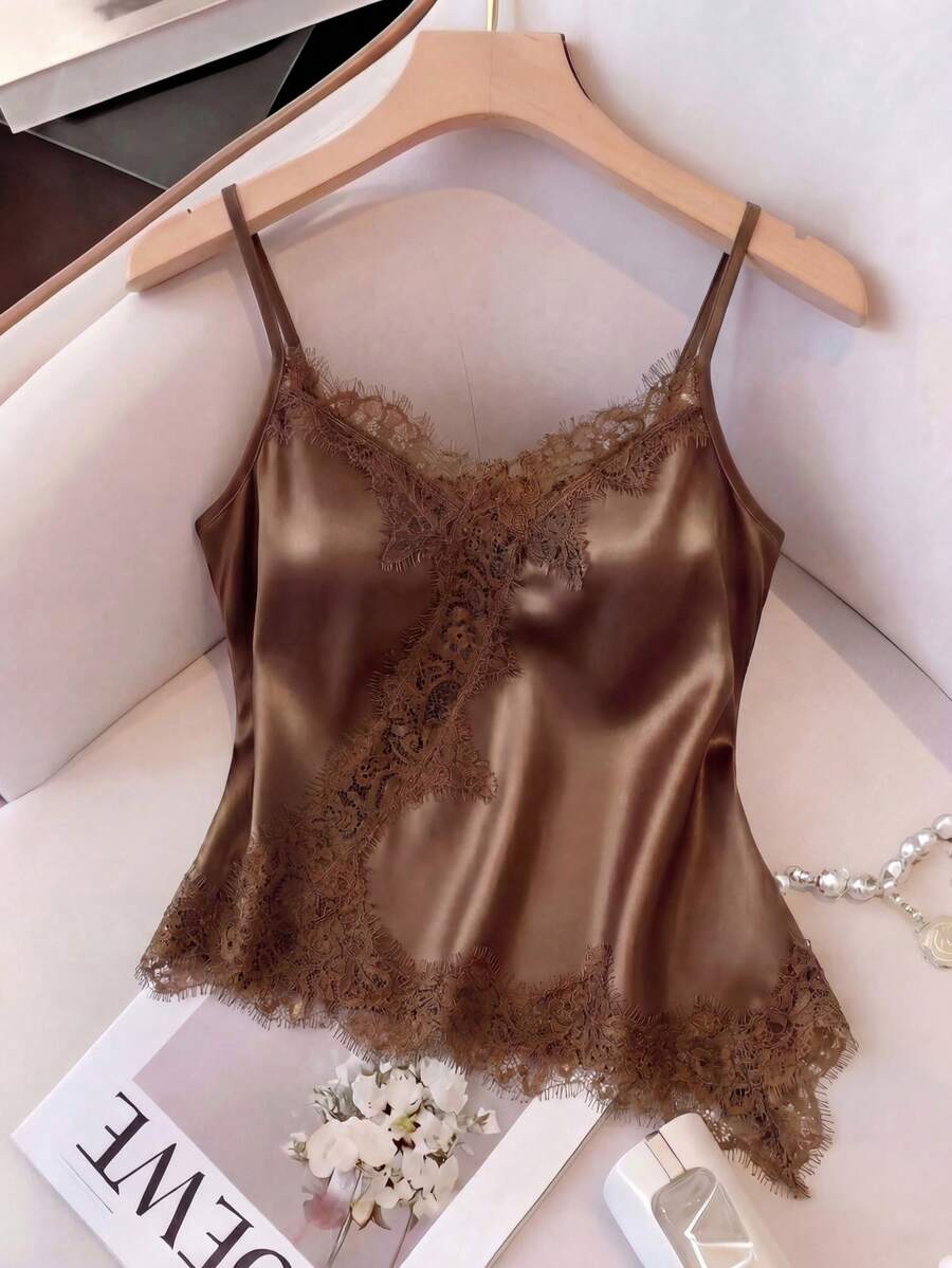 Áo hai dây satin ren mùa hè dành cho nữ, cổ chữ V, thiết kế bất đối xứng, thời trang và thanh lịch, phù hợp cho các buổi hẹn hò, tiệc tùng và các dịp khác. - màu nâu - Xem 1