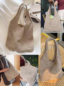 1 pieza Bolso de mano de ganchillo con contraste de color en forma de corazón, bolso de playa de gran capacidad y moda, versátil para ir y venir, regalo del Día de la Madre, adecuado para viajes a la playa en primavera, verano, otoño e invierno. Disponible en beige, albaricoque, azul, verde, caqui y otros colores, hecho de fibra de poliéster, adecuado para atuendos casuales, de playa y de trabajo, estilo bohemio, textura tejida, bolso de mano espacioso, esencial para vacaciones, también adecuado para oficina y vuelta al colegio, elemento de ganchillo, ambiente de vacaciones. - Multicolor - Ver 9
