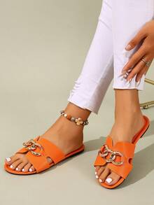 Ximi Ruo Korean Style Casual Flat Slide Sandals, Open Toe, Woven Roman Style, Suitable For Spring, Summer, Beach, Vacation, Dresses, Apartment, Brown Color - Orange - View 4