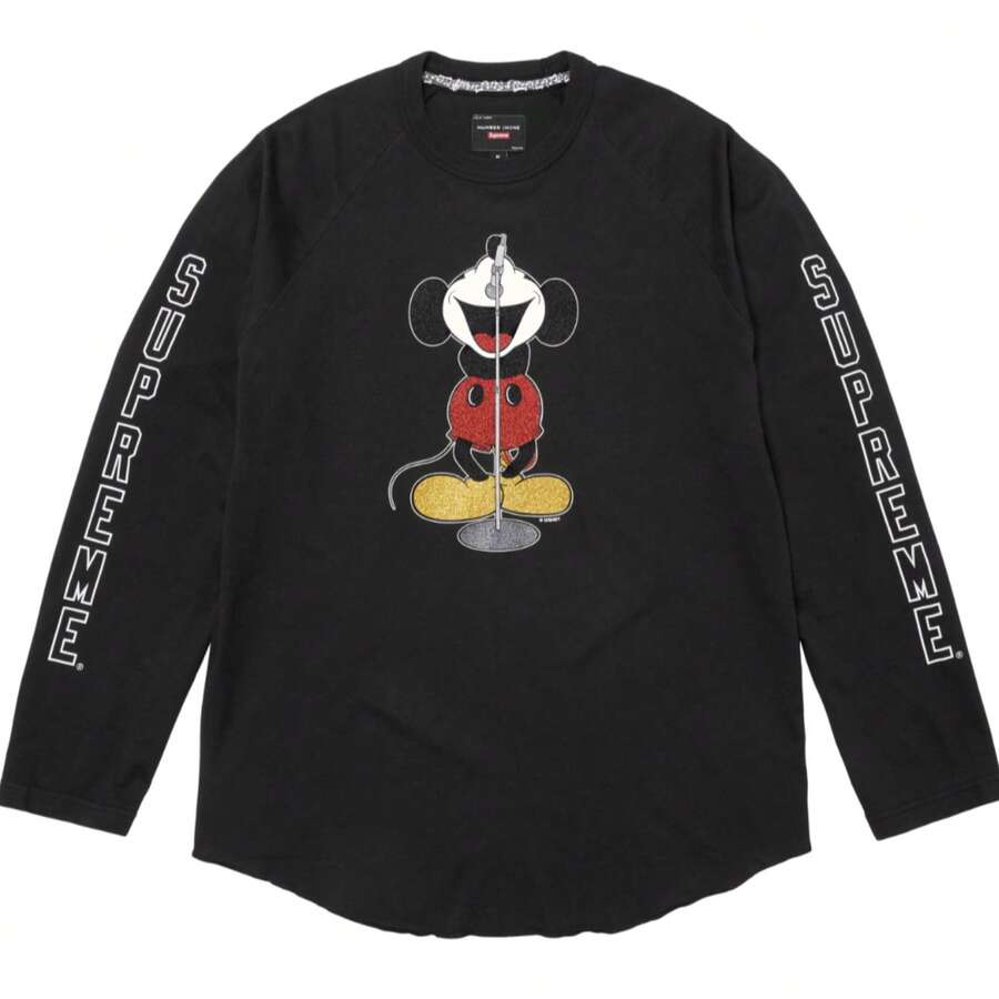 Supreme X Number (N)Ine X Mickey Mouse Raglan L/S Top | Premium Lightweight Cotton Jersey | Iconic "Rock & Roll" Mickey Graphic | Contrast Raglan Sleeve Construction | Archival Collaborative Grail | Vintage Ura-Harajuku Aesthetic - 黑色 - 查看 1