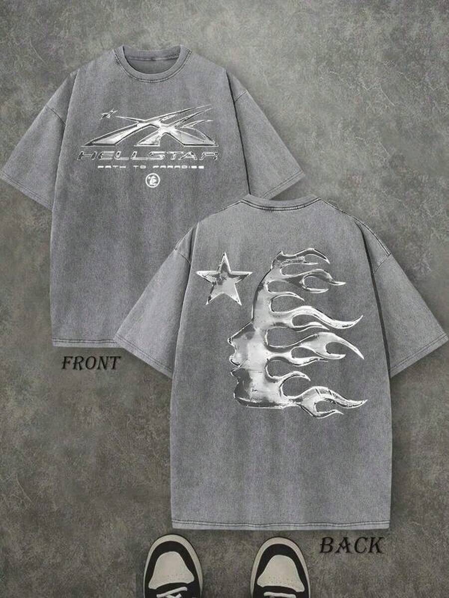 T Shirt Print ,Graphic-Cotton Tees Size Plus, Cartoon Round Neck Short Sleeve, Men's Oversized Washed Graphic T-Shirt Hell Flame Star Silver Print Vintage Streetwear Tee ,Y2K,Oversized Shirt Men,With Shirt,Summer Tops,Shirt Suitable - 灰色 - 查看 1