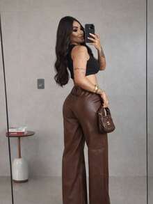 Women's Faux Leather Wide Leg Pants, Winter Fashion 2026, High Waist, Premium, Blogger - 鏽棕色 - 查看 2