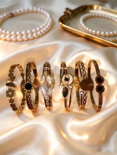 钛钢18K镀金PVD防水可叠戴开口手镯，蝴蝶花朵邪眼心形吊坠抗氧化手镯，黑白珐琅宝石精美珠宝，情人节母亲节礼物