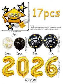 17 piezas Conjunto de globos de graduación 2026, incluye globos de látex con lunares negros, globos de gorra de graduación amarilla, globos de números 2026 de 16 pulgadas, adecuado para decoración de fiesta de ceremonia de graduación, decoración de ambiente del aula, fiesta de graduación 2026, graduación de primaria, secundaria y universidad, suministros para fiestas de graduación, fiestas de cumpleaños, eventos escolares y decoración del campus - Multicolor - Ver 2