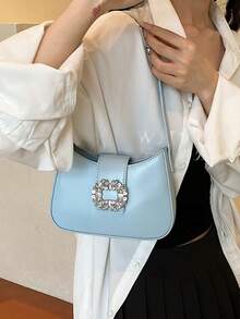 Mini Shoulder Bag With Rhinestone Decor Underarm Bag, Multifunctional And Fashionable Rhinestone Sparkling Saddle Underarm Bag PU Texture Bag Wallet Fashionable Multifunctional Long Bag - Baby Blue - View 5