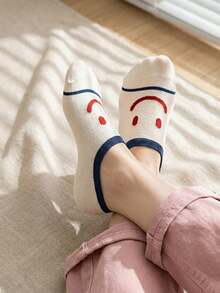 5 pares de calcetines invisibles casuales, finos y transpirables con diseños de caras sonrientes de dibujos animados para mujeres, en estilos aleatorios, de corte bajo, en estilo europeo y americano, adecuados para el verano - Multicolor - Ver 5