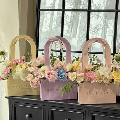5pcs Flower Handbag Gift Boxes, Cross-Border Source Portable Flower Boxes With Flower Basket, Flower Bouquet Packaging Boxes
